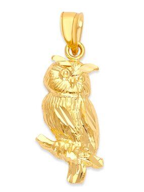 Solid 14k Gold Owl Pendant Necklace - Diamond Cut Animal Charms
